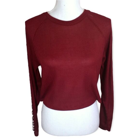 H&M BURGUNDY CROP PEARL SLEEVE TOP SZ.M GUC - Picture 1 of 7